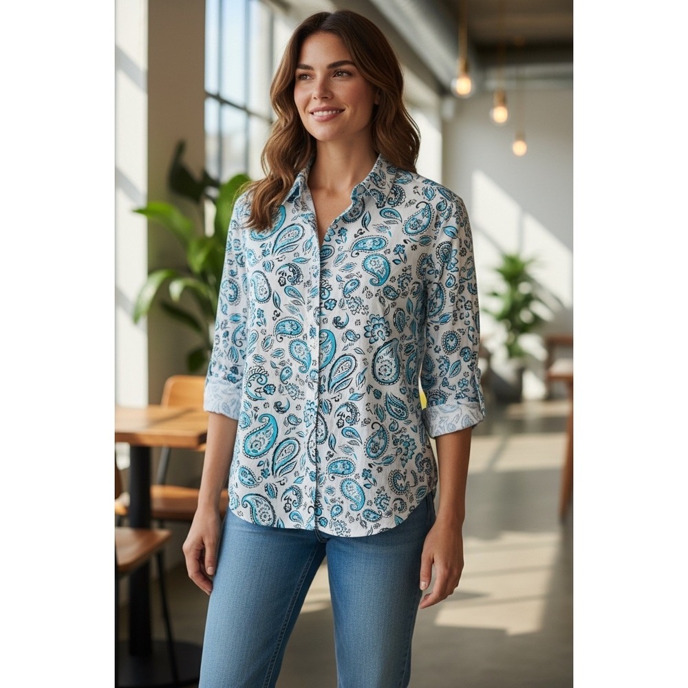 Kim Rogers Blue Paisley Linen Blend Button Down Shirt Womens PL Petite Large